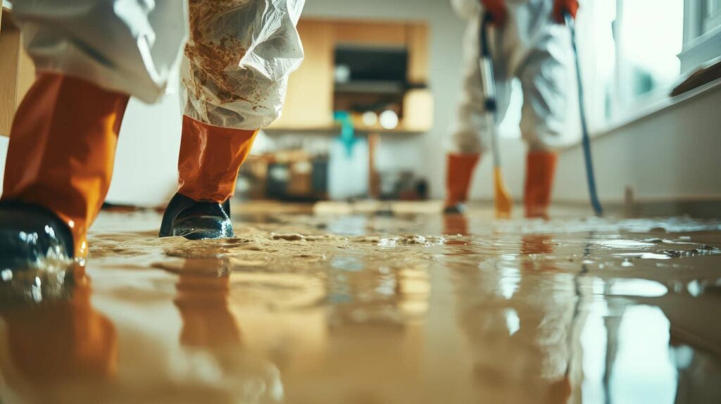 Two people in protective suits and orange boots standing in a flooded room with water on the floor.