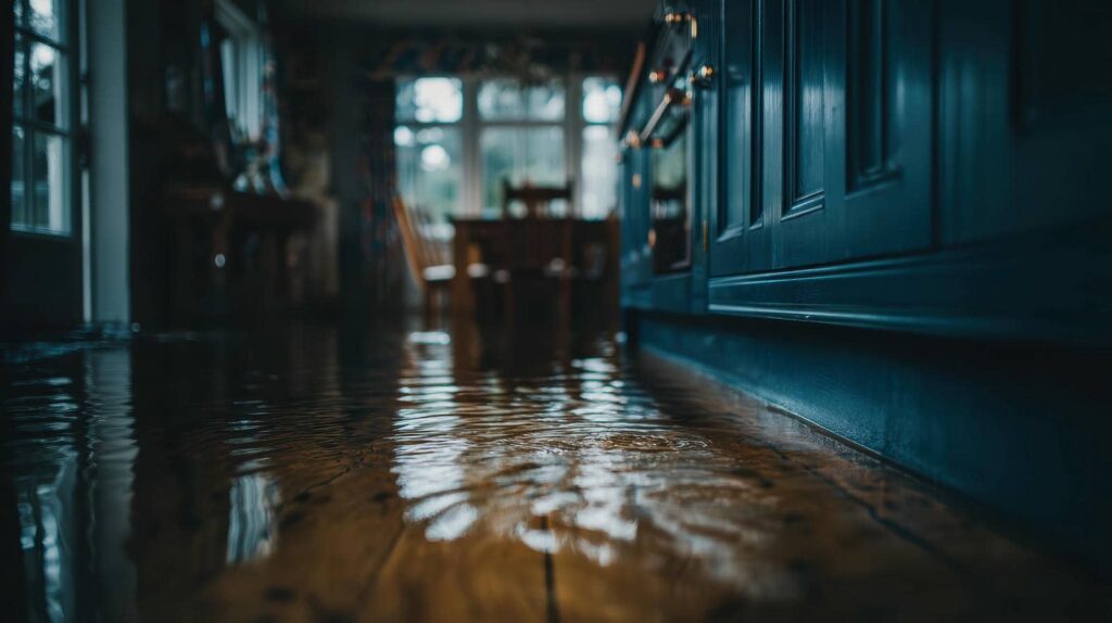 Water flooding a wooden floor inside a dimly lit kitchen or dining area.