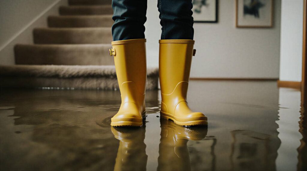 Person wearing yellow rain boots standing in a flooded indoor area with carpeted stairs in the background.