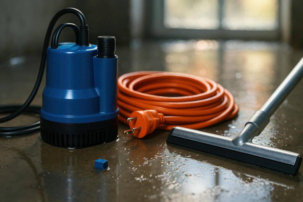 Blue submersible pump with an orange extension cord and a floor squeegee on a wet surface.