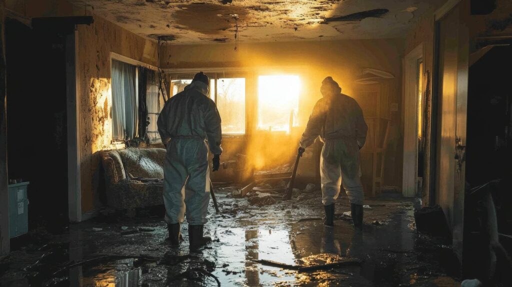 Two people in protective suits cleaning a water-damaged, debris-filled room with sunlight streaming through windows.