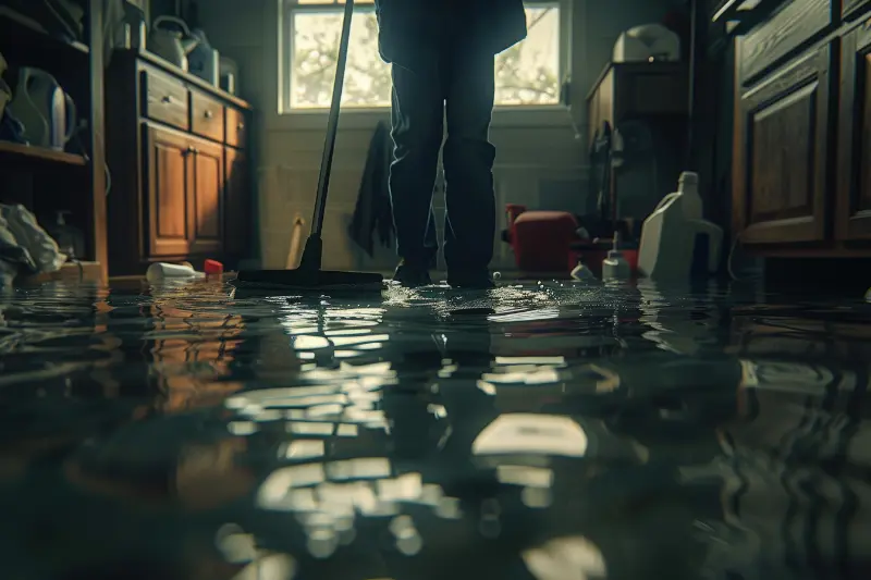 Person standing in a flooded kitchen using a mop to clean up water on the floor.