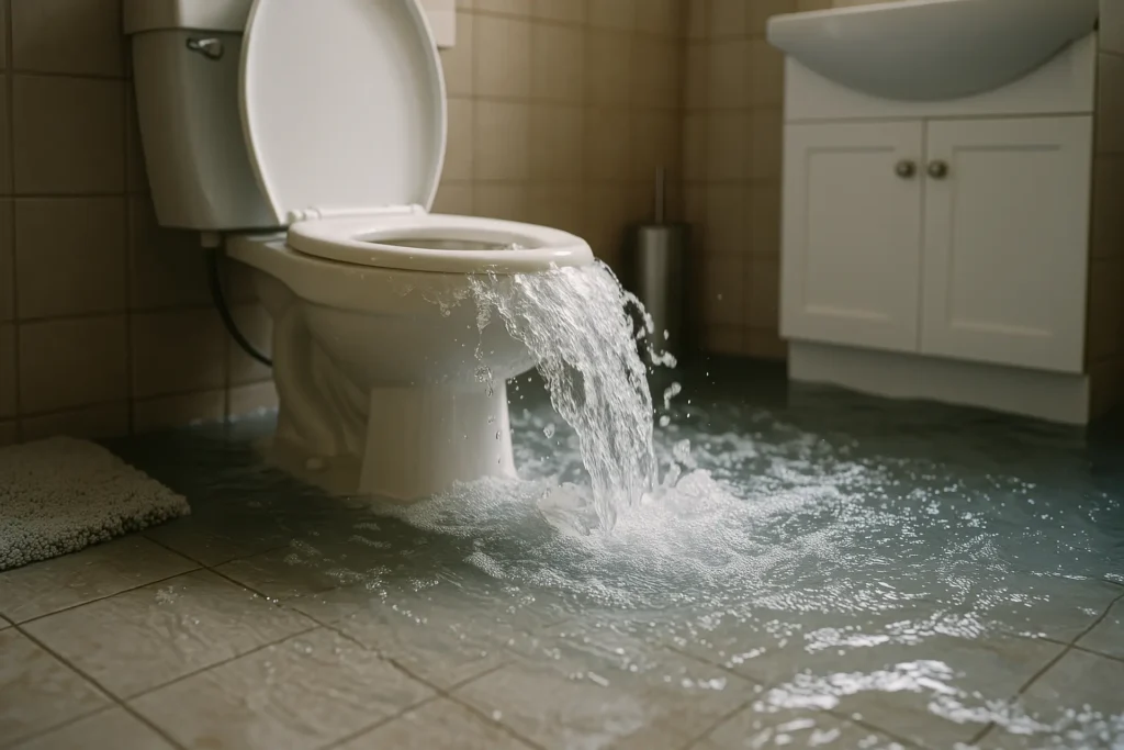 Toilet overflowing with water flooding the bathroom floor.