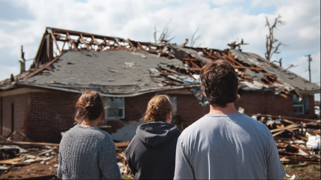 Three people stand facing a severely damaged house with a partially collapsed roof.