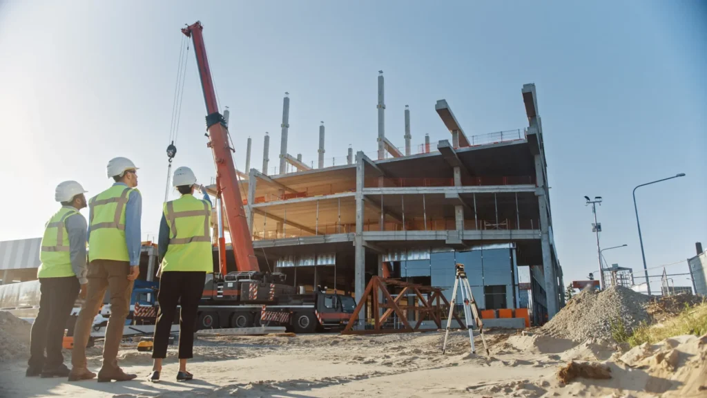Three construction workers in safety vests and helmets observe a crane lifting materials at a building site.