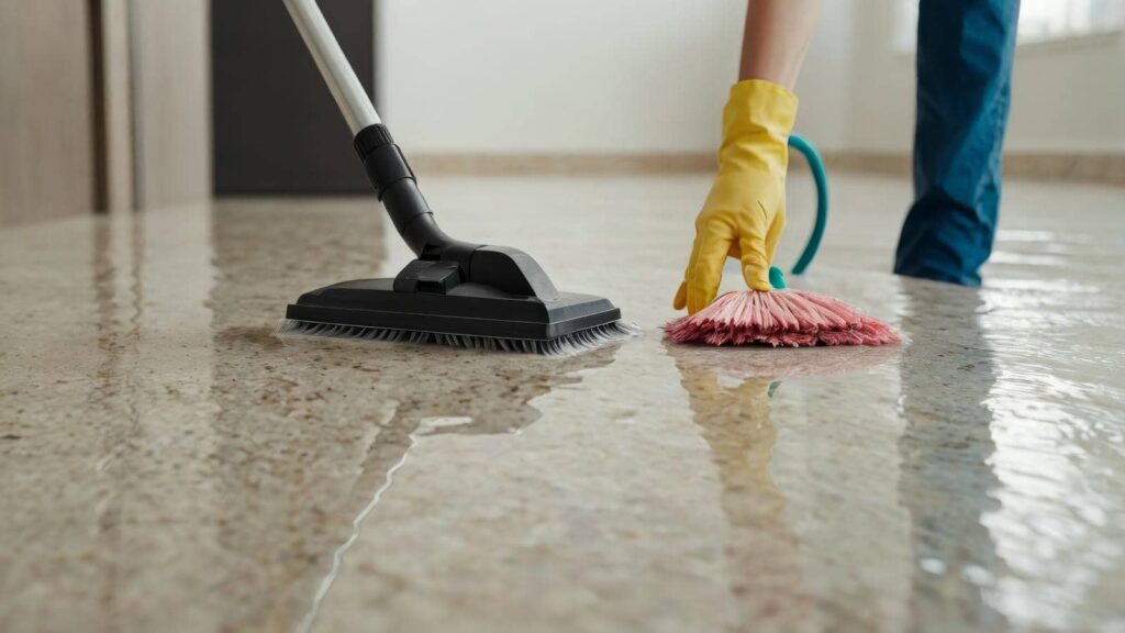 Person wearing yellow gloves cleaning a wet floor with a mop and a brush.