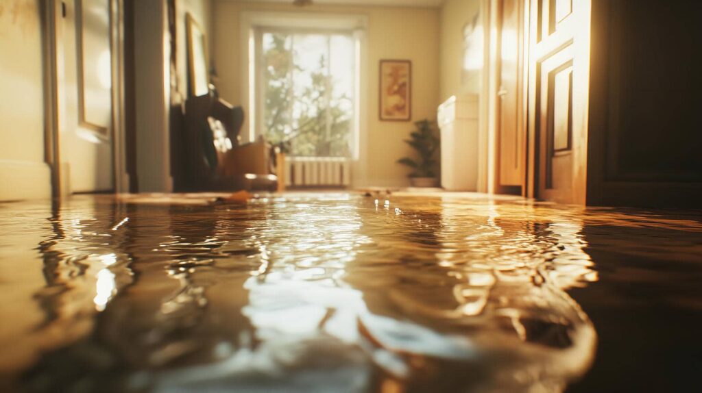 Water flooding the floor of a sunlit room with furniture and a window in the background.