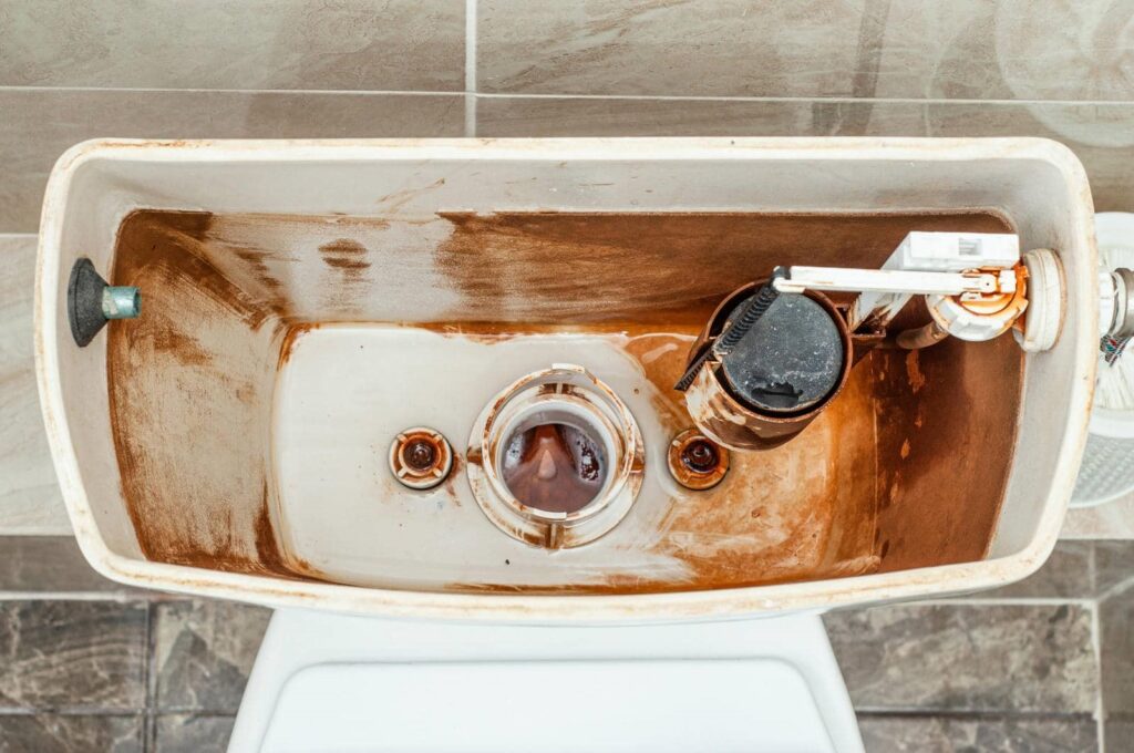 Inside view of a toilet tank with rust and mineral buildup on its components.