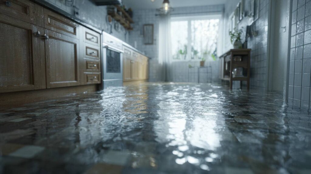 Flooded kitchen floor with water covering the tiles and wooden cabinets.