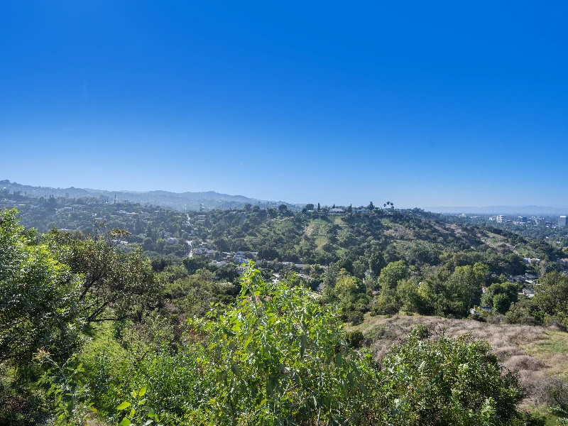 Green hills and trees under a clear blue sky in a wide landscape view. water damage restoration in Hidden Hills CA