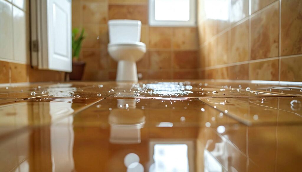 Water pooling on a tiled bathroom floor with a toilet and window in the background.
