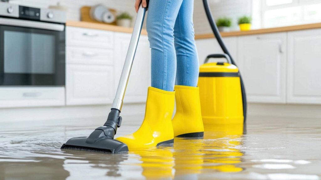 Person in yellow boots using a vacuum to clean water from a flooded kitchen floor.