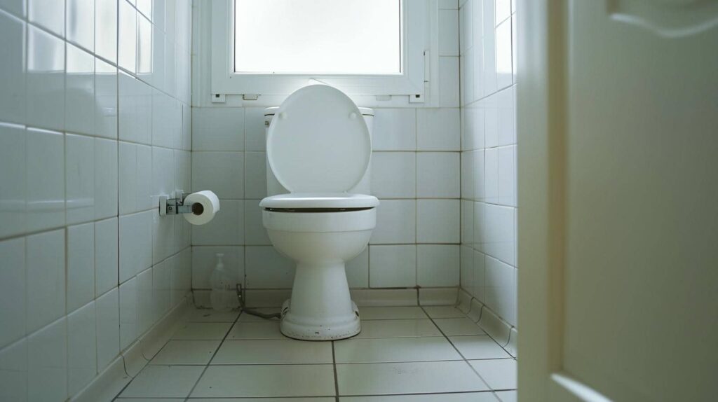 White toilet with open lid in a small tiled bathroom with a window behind it.