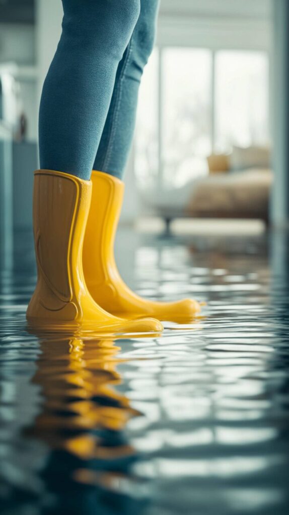 Person wearing yellow rain boots standing in water inside a flooded room.