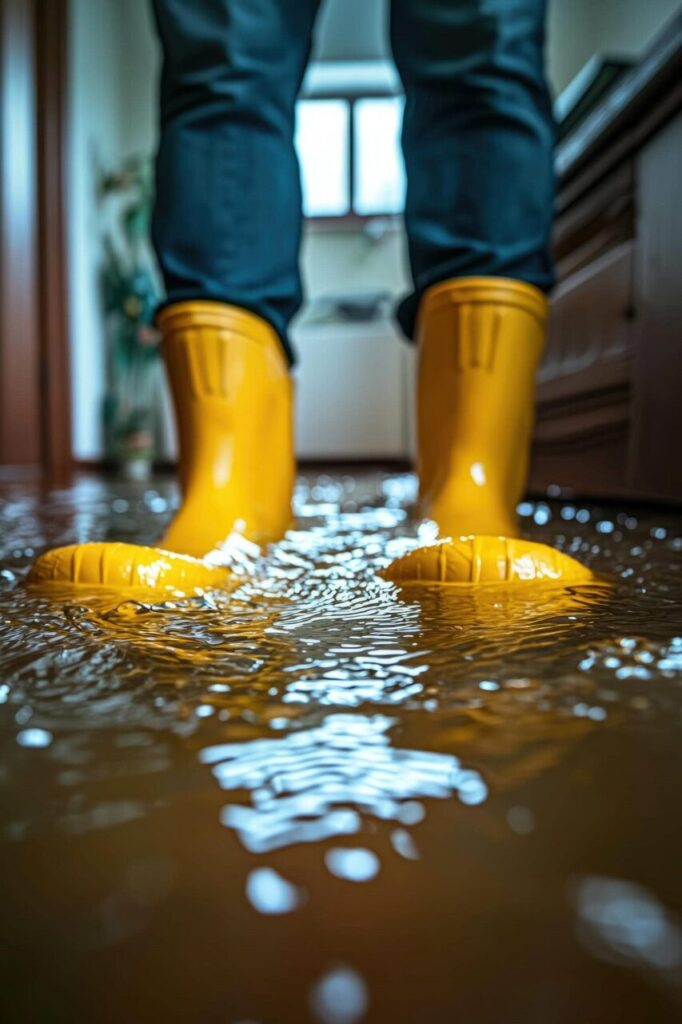 Person wearing yellow rain boots standing in a flooded indoor space with water covering the floor.