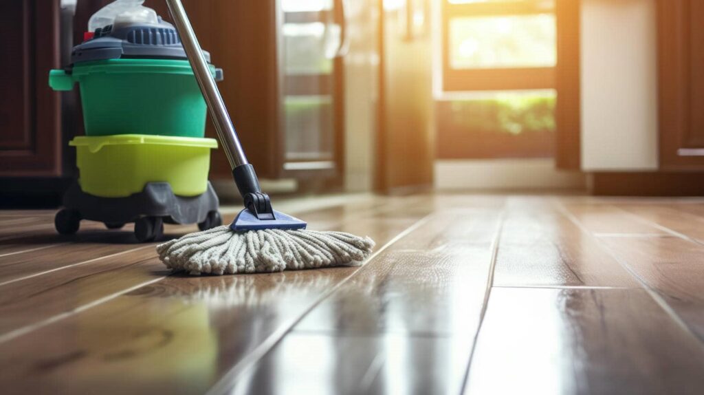Mop and bucket on a shiny wooden floor near a sunlit window.