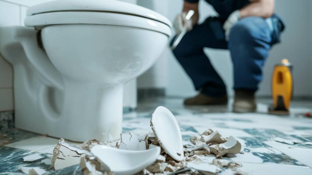 Broken ceramic pieces scattered on a bathroom floor near a toilet with a person working in the background.
