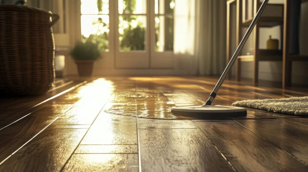 A mop cleaning a wet wooden floor in a sunlit room with a rug and wicker basket.