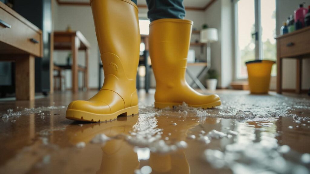 Person wearing yellow rain boots standing on a wet floor with scattered debris.