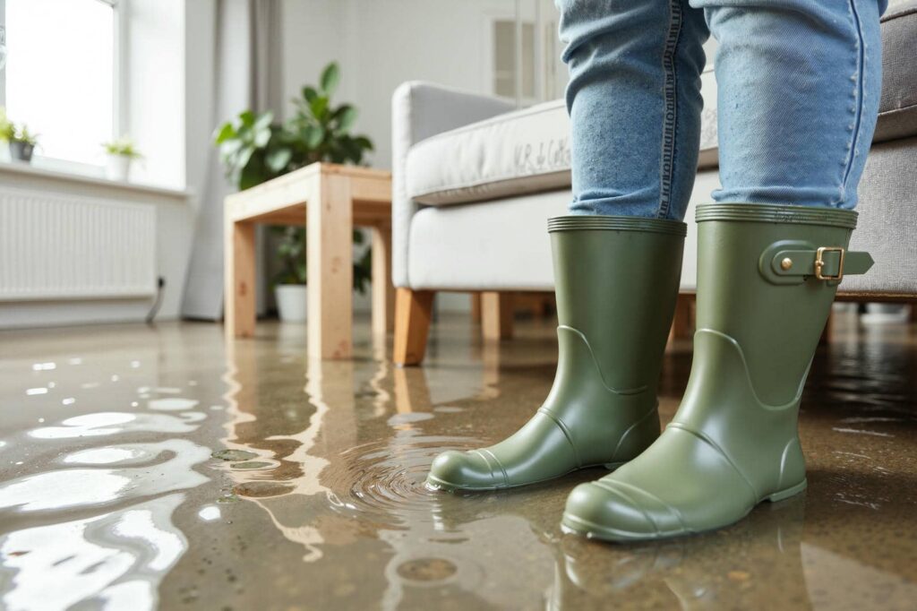 Person wearing green rain boots standing in a flooded living room with water on the floor.