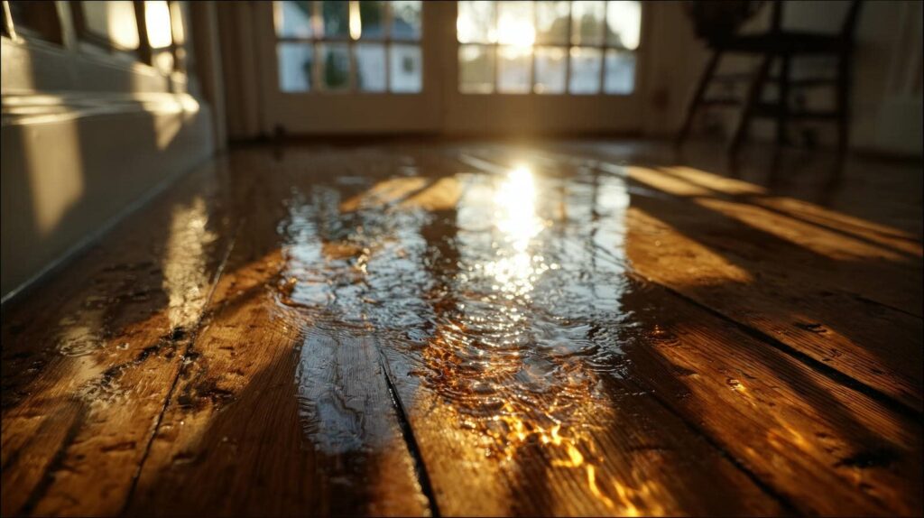 Sunlight reflecting on a wet wooden floor inside a room with glass doors.