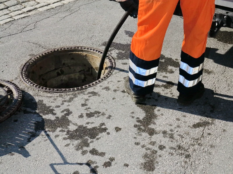Worker in orange reflective pants cleaning a manhole with a hose on a paved street. sewage cleanup