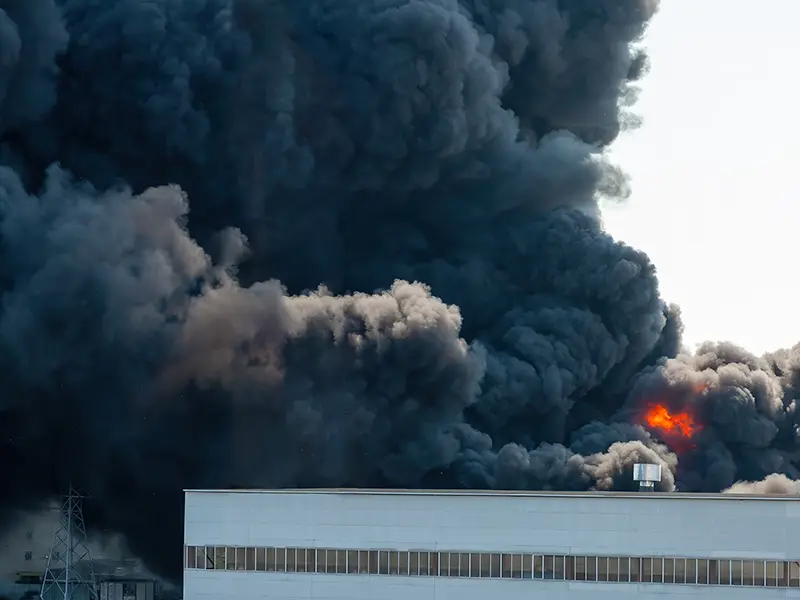 Thick black smoke and flames billow from a fire behind a large industrial building. fire damage restoration