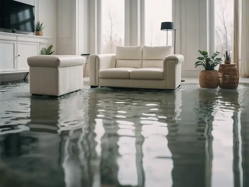 Living room with white sofa and ottoman partially submerged in floodwater. flood damage restoration